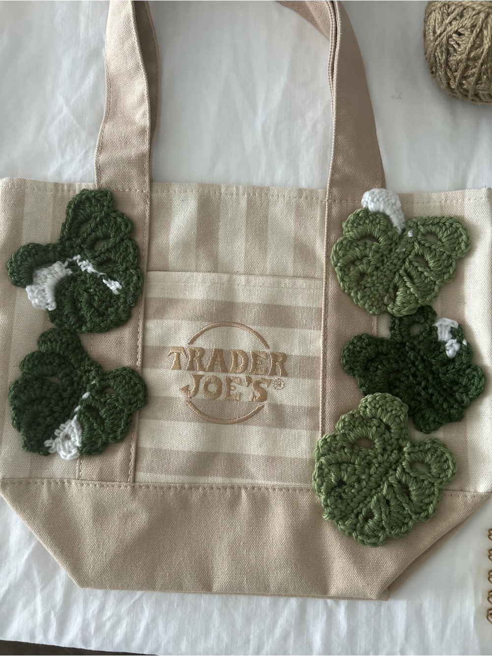 Trader Joe's Beige Stripe Tote with Handmade Green Crochet Monstera Leaves